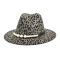 Detailed view of a fashionable grey leopard print wool felt fedora with pearl band - M (56-58cm) / Gray
