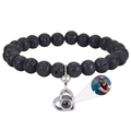 Bracelet de projection photo avec perles de lave noire 8mm et pendentif cœur - Pierre de lave