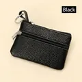 Black pebble grain genuine leather mini coin purse with double zippers and key ring - Black