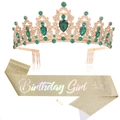Golden Birthday Girl sash with glitter and green crystal tiara for party celebrations - Dark Green & Gold (Girl)