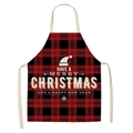 Detail of red and black plaid Christmas apron with festive hat and snowflake patterns - A0001-16 Red Black Plaid Greetings