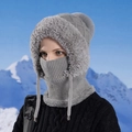Gray winter knit balaclava with faux fur trim and pompom for cold weather warmth - Gray