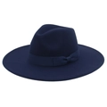 Detailed close-up of dark blue wool fedora hat with matching ribbon and flat bow knot - Adult (57-60cm) / 9.5cm Wide Brim / Navy Blue