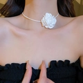 Elegant white camellia choker necklace with delicate silk fabric flower on thin cord - White Camellia Rope Choker (21# Necklace-Eco-White)