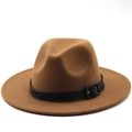 Classic brown wool fedora hat with black embossed leather band on white background - Brown/Khaki