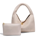 Sac croissant tissé main beige et pochette en cuir avec ferrures dorées - Blanc Cassé