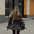 French floral mini dress in black with puff long sleeves and tie-back backless detail - S / Black Q271