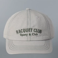 Detail of Racquet Club 3D embroidery and green contrast stitching on a grey baseball cap - M (56-58cm) / Gray