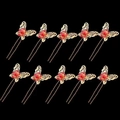 Detailed set of 10 golden hollow butterfly hair pins with red beads on black background - Chinese Hollow Butterfly Style (FZ-001) / 10 Piece Set / Gold