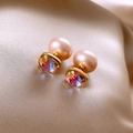 Silver needle double-sided stud earrings with champagne pearls and iridescent crystals - Gold Double Pearl Style (S925 Pin)