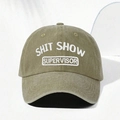 Detailed embroidery of SHIT SHOW SUPERVISOR on olive green washed cotton baseball cap - One Size / Khaki