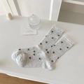 Light gray crew socks with black ribbon patterns and delicate white lace trim detail - One Size / Light Gray