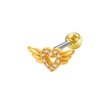 Golden heart wing stud earring with sparkling zircon crystals on white background - Gold Crown Wing Heart Style (24042601-1)