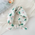 Floral print cotton linen neckerchief in white with pink flowers and green leaves - Small Tulip Pink