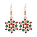 Close-up of snowflake Christmas earrings with gold alloy base and red green rhinestones - Snowflake #14