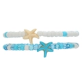 Summer beach seed bead anklet set with blue and white starfish pendants on white background - D1692-1 (2Pcs Set-Blue White Beaded Starfish)