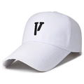 White baseball cap featuring large black embroidered V on minimalist cotton crown - V Logo White