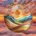 Μποέμ ακρυλικό suncatcher με τοπίο βουνού στο ηλιοβασίλεμα και κίτρινο σχοινί - Σχέδιο Βουνό Ηλιοβασίλεμα (3) / 15x15x0.2cm