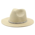 Straw Panama fedora hat with silver chain band decoration on white background - M (56-58cm) / Beige