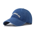 Detail of Los Angeles white 3D embroidery on washed dark blue denim baseball cap - Adjustable / Deep Blue Denim