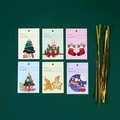 Set of 6 assorted Christmas gift tags with festive patterns and gold twist ties - Gift Tags 30 Pcs