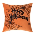 Orange Halloween throw pillow cover with black Happy Halloween embroidery and spiders - Square (Cover Only) / Spider Web