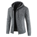 Men's thick hooded knit jacket in medium grey with warm black fleece lining and full zip - M / Dark Gray