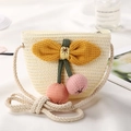 Mini cream straw bucket bag for girls with yellow bow and pink cherry decorations - Pink Pom-pom / Cream