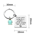 Funny jellyfish keychain with square stainless steel pendant and blue enamel charm - Silver Square Tag with Blue Jellyfish