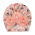 Pink floral baby turban hat with three large decorative fabric flowers and center pearls - G Pink Small Floral
