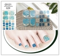 Detail of blue ocean-themed toe nail stickers with gold glitter and shell accents - Blue Wave Shell Pearl Style (QYJ21-029)