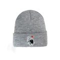 Gray knitted beanie hat featuring detailed hands holding a red rose embroidery detail - One Size / Light Heather Grey