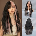 Long wavy wig for women in black with pink highlights featuring classic flat bangs - Black With Pink Highlights