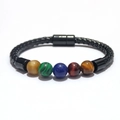 Men's black braided leather bracelet with colorful stone beads and magnetic clasp - 5 Multicolor Stones