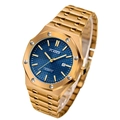 Classic gold stainless steel business watch with blue checkered dial and date window - Gold Blue