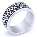Detailed close-up of a silver stainless steel ring with intricate Celtic knot engraving - US 7 / Woven Celtic Knot Style (09303)