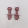 Pink silicone baby fork and spoon set with panda design and anti-choke safety guard - Brick Red