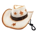 Detailed side view of a straw cowboy hat with brown stars and a vintage bull head buckle - Pure White / M (56-58cm)
