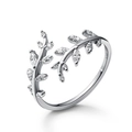 Leaf-shaped S925 sterling silver open ring with clear gemstones on white background - Silver