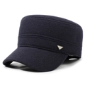 Winter men's navy blue thick wool cadet hat with plush lining and metal fashion label - Adjustable / Navy Blue