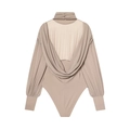 Taupe long sleeve bodysuit featuring elegant mesh back panel and high collar design - XS / Nude