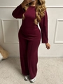 Women's burgundy knit lounge set with long sleeve crew neck top and wide leg pants - S / Burgundy
