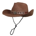 Detail of woven straw cowboy hat featuring brown leather band with silver metal rivets - M (56-58cm) / Coffee