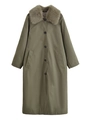 Detail van een legergroene trenchcoat met afneembare bontkraag en praktische zakken - XS / Donker kaki