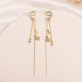 Elegant gold celestial ear cuff with star and moon rhinestone chain tassels - Gold Star Moon Tassel Ear Wrap (X085)
