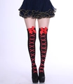 Halloween over-knee socks in black with red bow and crossbones print detail - One Size / Red Crossbone