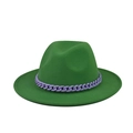 Detail of green felt fedora hat featuring a chunky purple chain link decoration - Grass Green(13)