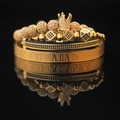 Men's vintage gold stainless steel crown bead and Roman numeral engraved bracelet set - Gold Crown Set with Moon & Zircon Balls