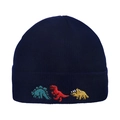 Detailed view of three colorful cartoon dinosaur embroideries on navy blue knit beanie - M (56-58cm) / Navy Blue