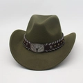 Detailed view of olive green felt cowboy hat featuring a silver bull head buckle and studs - One Size (57cm) / Army Green